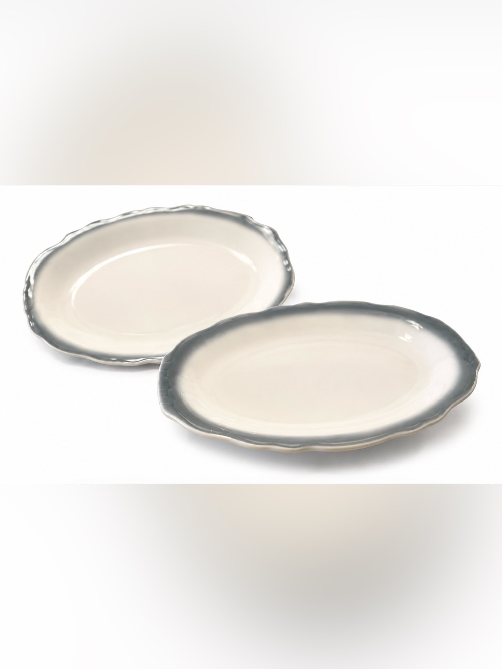Homer Laughlin Scalloped Oval White Platters With Blue Rim (2) Beautiful Vintage